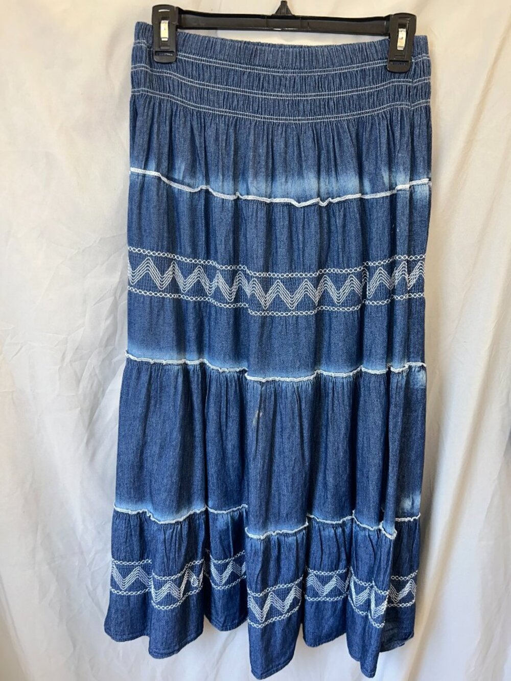 Indigo & Lace Blue Denim Midi Skirt Smocked Elastic Waist Tiered Small